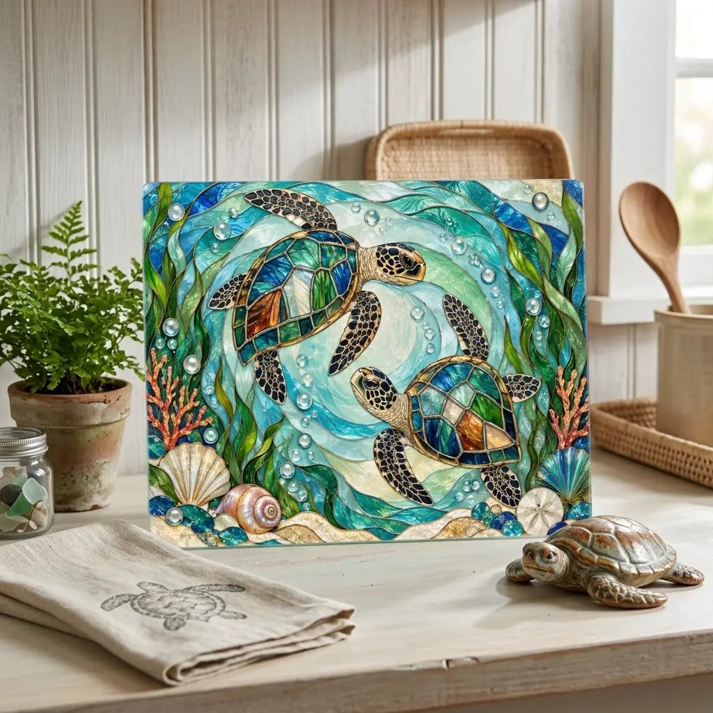 Sea Turtle Glass Cutting Board, Ocean Kitchen Decor, Coastal Serving Board, Marine Life Gift, Sea Lover Kitchen Accessory, Beach House