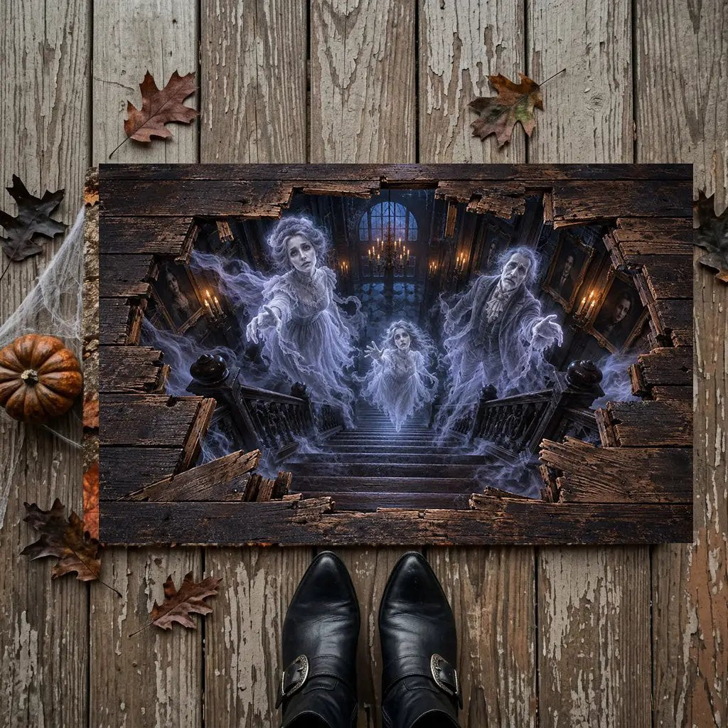 Victorian Ghost 3D Optical Illusion Doormat, Haunted Staircase Floor Mat, Gothic Haunted House Door Mat, Halloween Decor