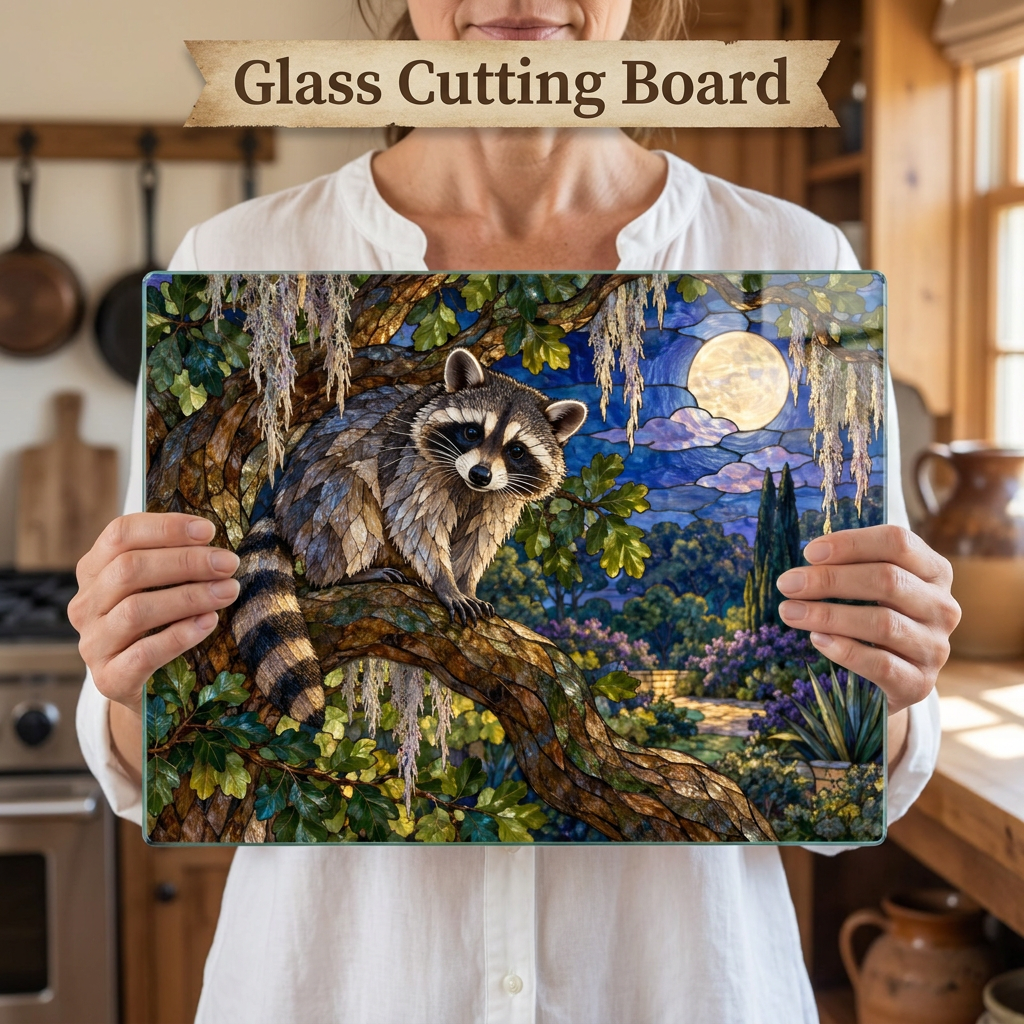 Raccoon Glass Cutting Board, Woodland Kitchen Decor, Moonlit Forest Chopping Board, Wildlife Lover Gift, Rustic Nature Kitchen Accent