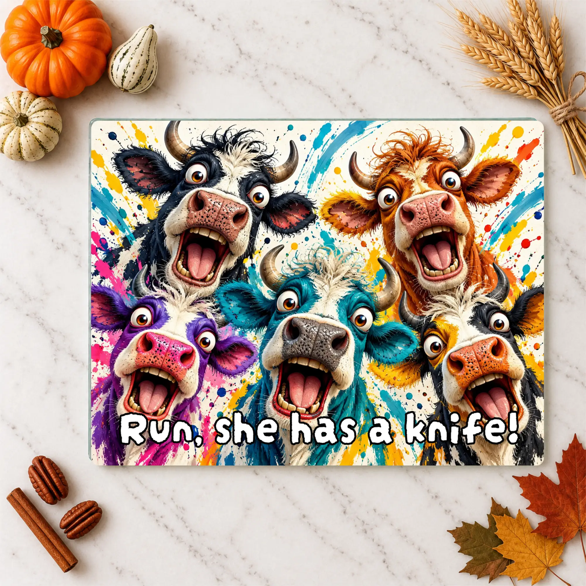Screaming Cow Cutting Board, Funny Cow Glass Cutting Board, Colorful Cow Kitchen Decor, Farm Animal Gift, Cow Lover Gift