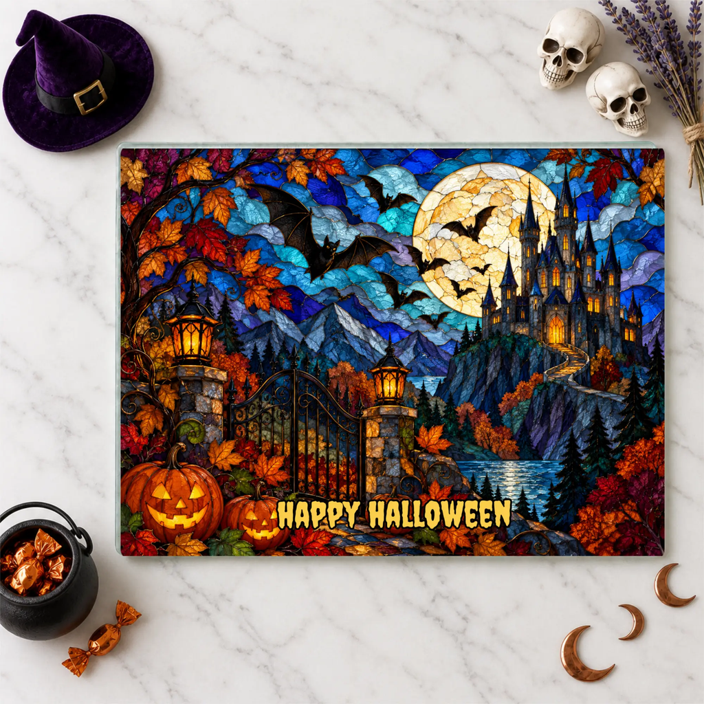 Halloween Castle Personalized Glass Cutting Board, Gothic Haunted House Kitchen Decor