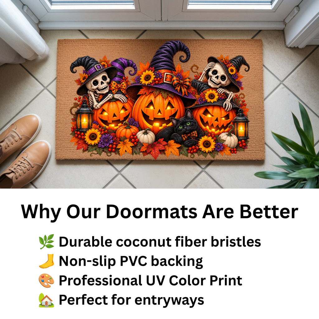 Halloween Skeleton Doormat, Jack O Lantern Coir Mat, Skeleton & Black Cat Welcome Mat, Spooky Fall Porch Decor, Halloween Door Mat