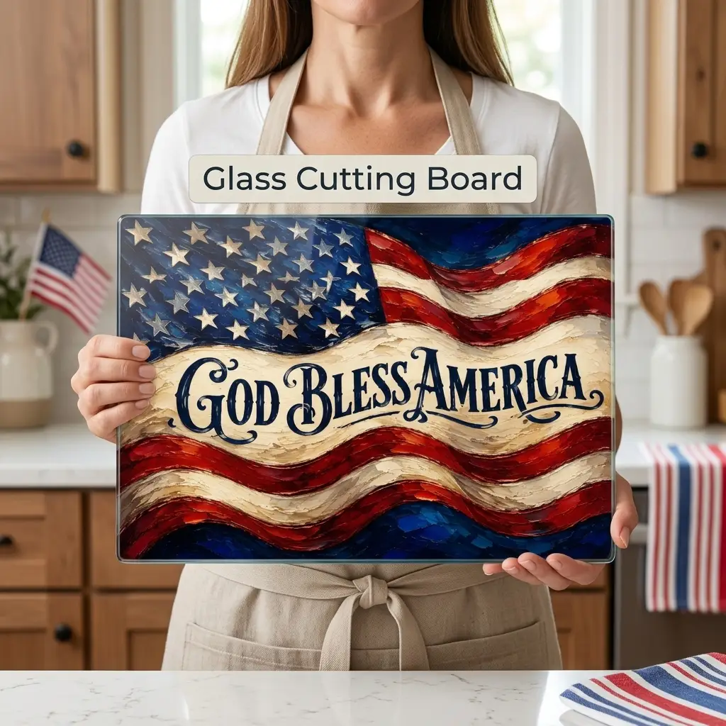 God Bless America Cutting Board, American Flag Glass Cutting Board, Patriotic Kitchen Decor, Christian USA Gift, Americana Home Decor