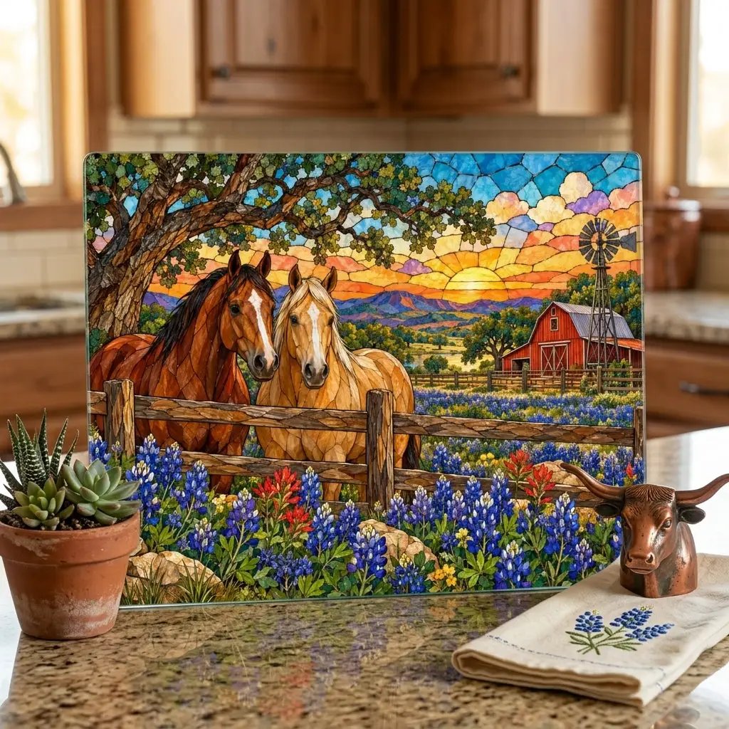 Bluebonnet Ranch Glass Cutting Board, Texas Horse Kitchen Decor, Bluebonnet Gift, Western Ranch Decor, Stained Glass Style Cutting Board
