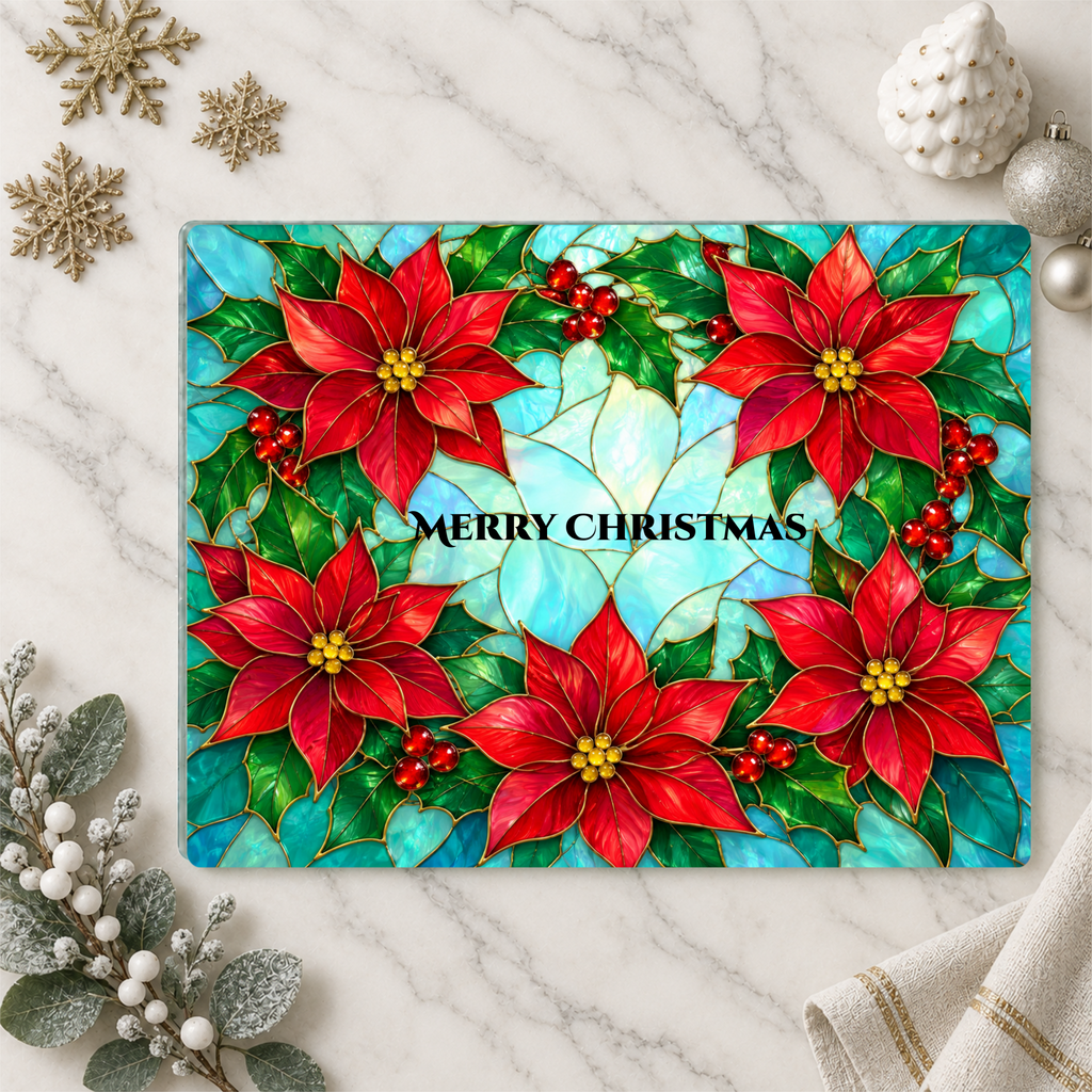 Poinsettia Glass Cutting Board, Christmas Kitchen Decor, Stained Glass Holiday Floral Chopping Board, Festive Hostess Gift for Home Cooks