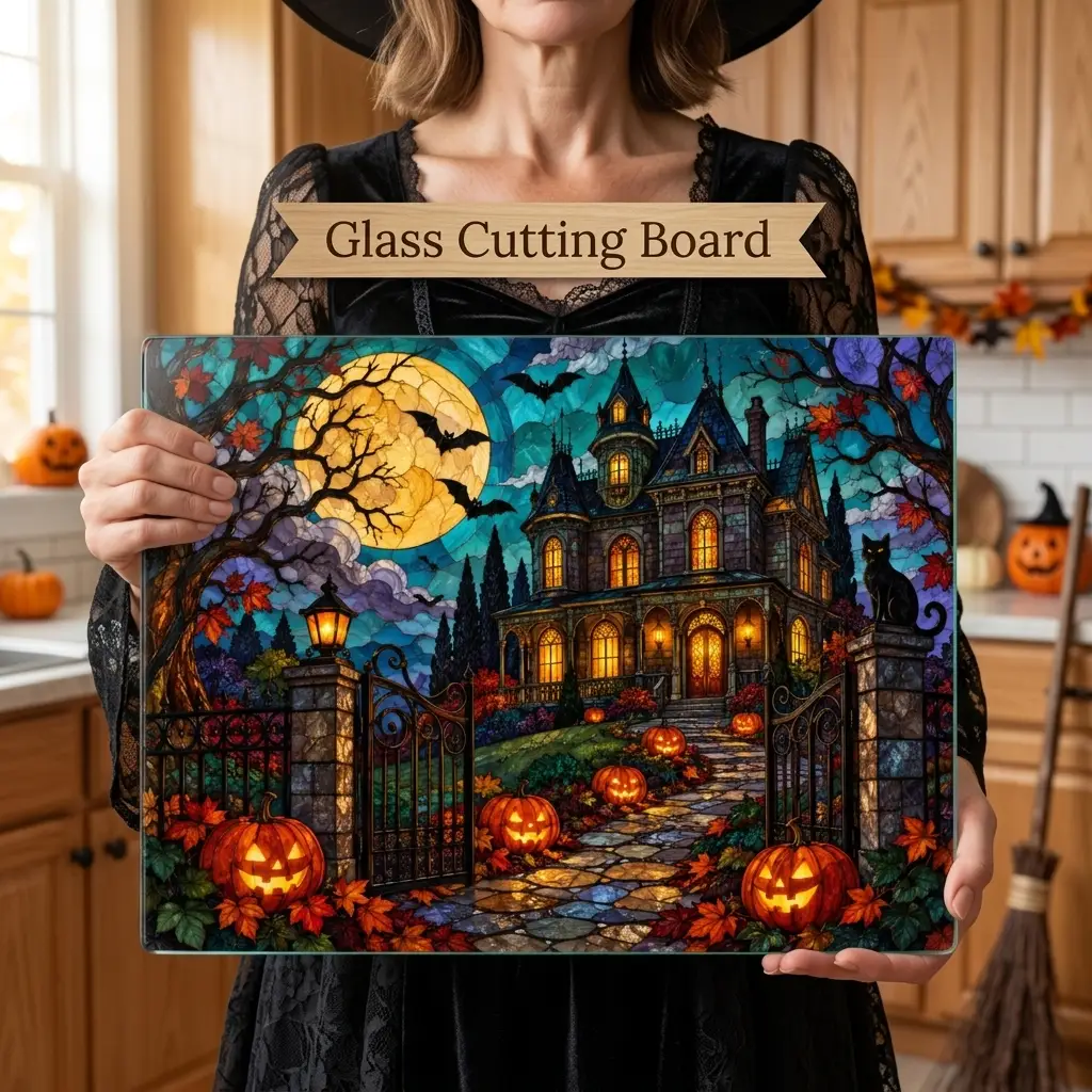 Halloween Haunted Mansion Personalized Glass Cutting Board, Spooky Pumpkin Kitchen Decor