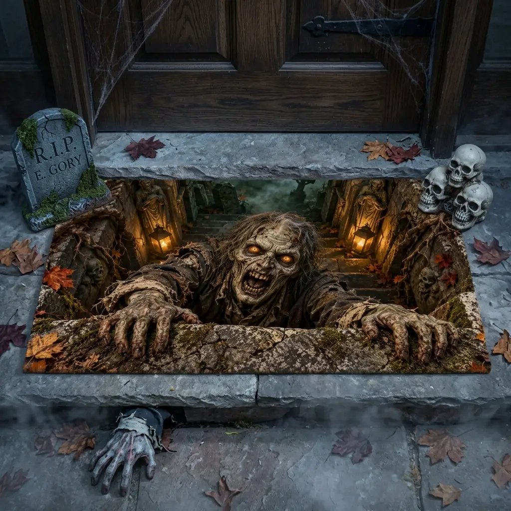 Zombie 3D Illusion Doormat, Graveyard Halloween Door Mat, Undead Zombie Welcome Mat, Haunted Crypt Optical Illusion, Spooky Porch Decor