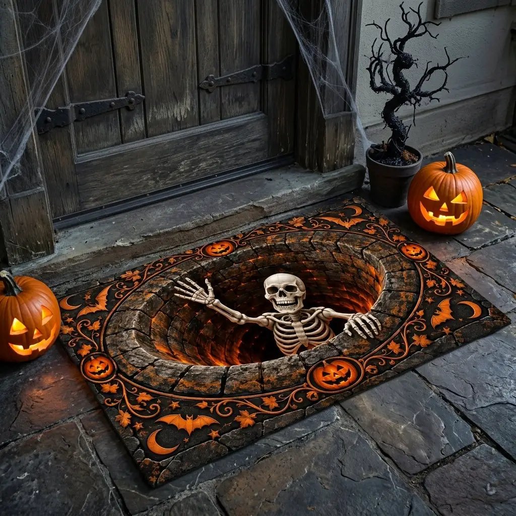 Skeleton Halloween 3D Doormat, Skeleton Pit Illusion Door Mat, Spooky Halloween Welcome Mat, Pumpkin Gothic Porch Decor