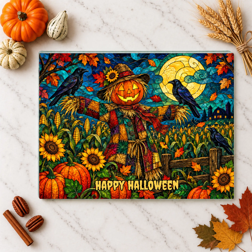 Halloween Scarecrow Personalized Glass Cutting Board, Spooky Pumpkin Kitchen Decor