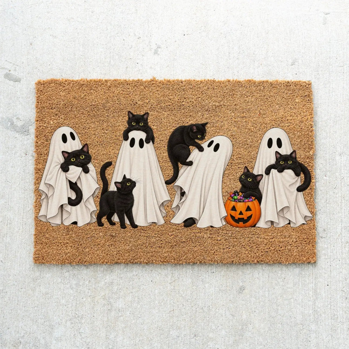 Halloween Black Cat Doormat, Cute Ghost Welcome Mat, Funny Cat Halloween Decor, Spooky Fall Porch Decor, Cat Lover Gift, Coir Door Mat