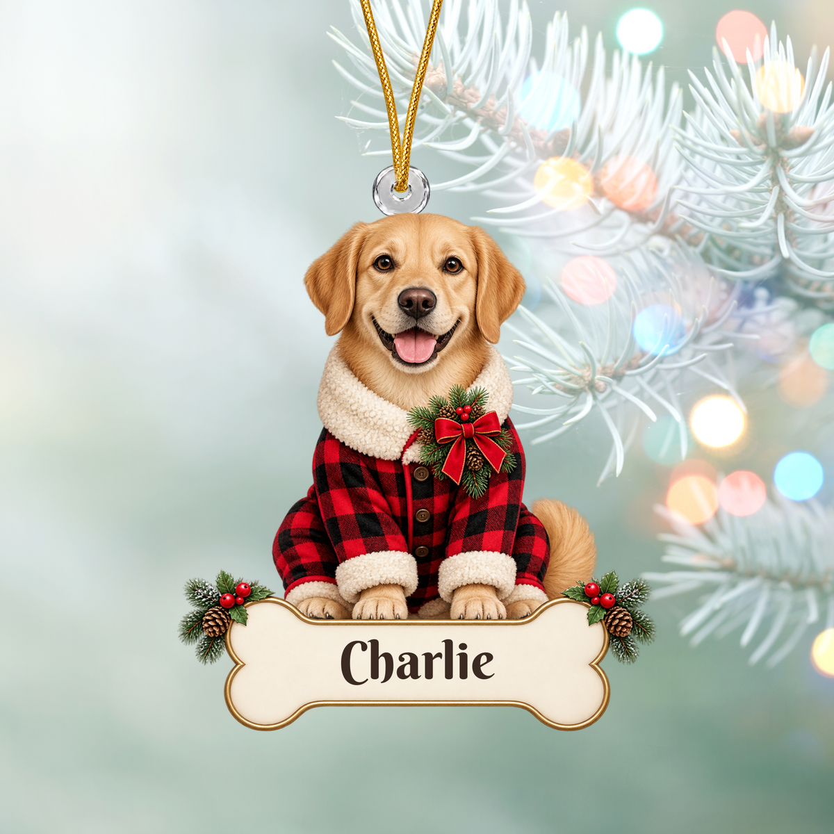 Personalized Dog Buffalo Plaid Pajamas Christmas Ornament from Photo, Custom Pet Portrait Acrylic Ornament, Rustic Holiday Dog Lover Gift