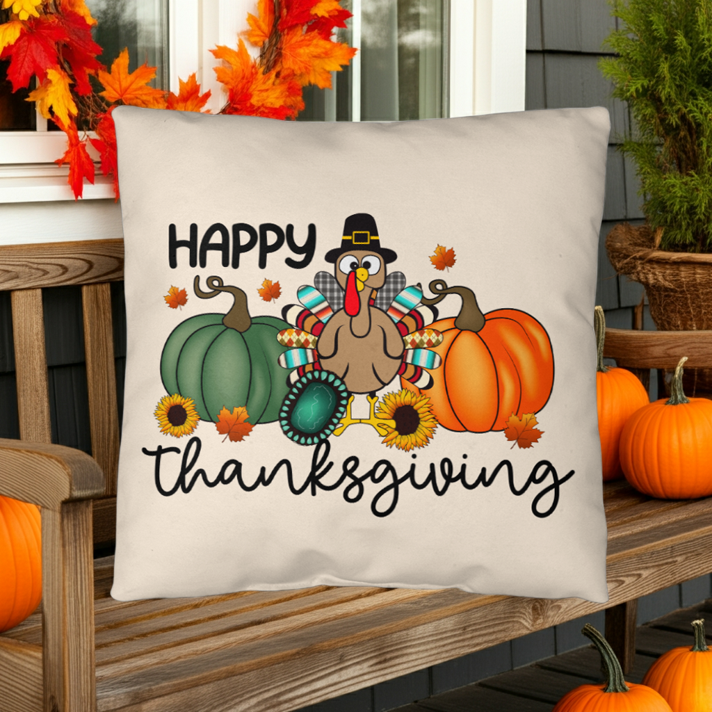 Happy Thanksgiving Turkey Pillow – Fun Fall Pumpkin & Sunflower Cushion – Indoor/Outdoor, 3 Sizes - Mallard Moon