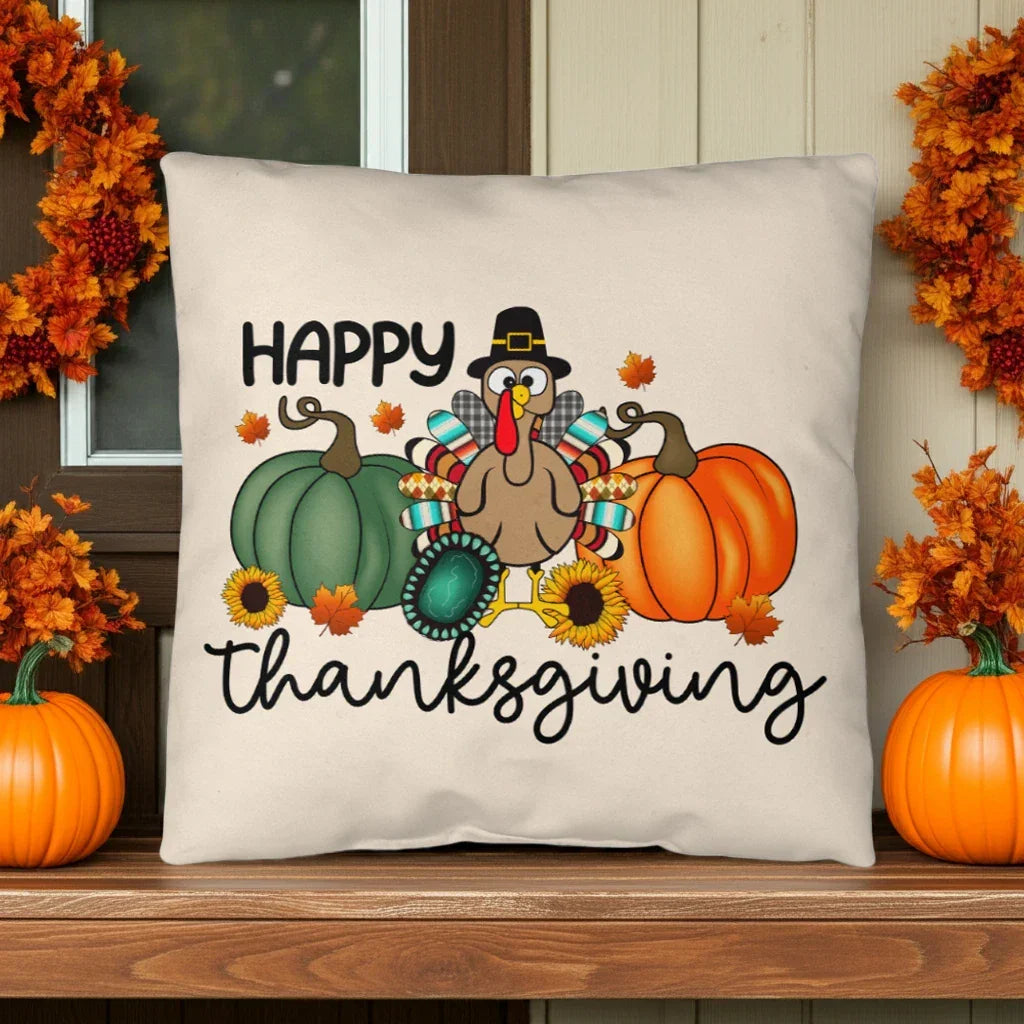 Happy Thanksgiving Turkey Pillow – Fun Fall Pumpkin & Sunflower Cushion – Indoor/Outdoor, 3 Sizes