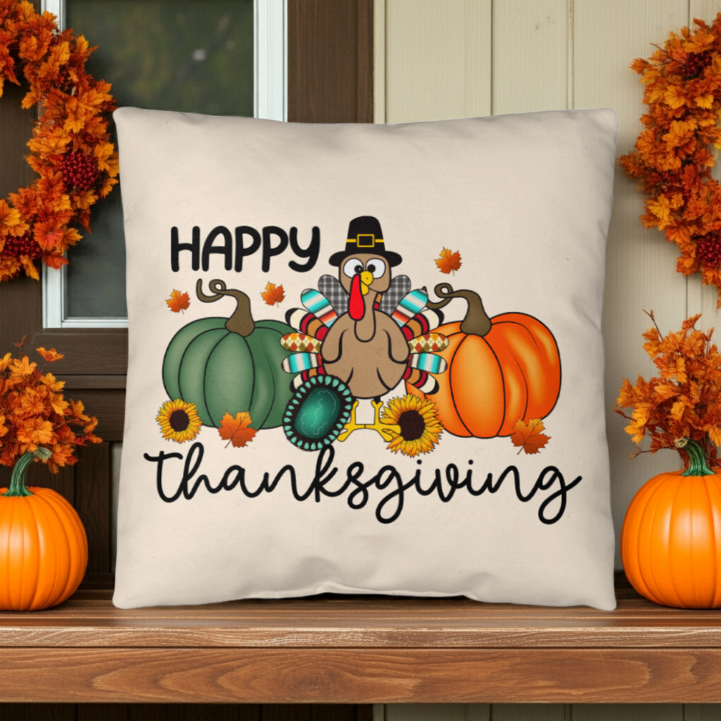 Happy Thanksgiving Turkey Pillow – Fun Fall Pumpkin & Sunflower Cushion – Indoor/Outdoor, 3 Sizes - Mallard Moon