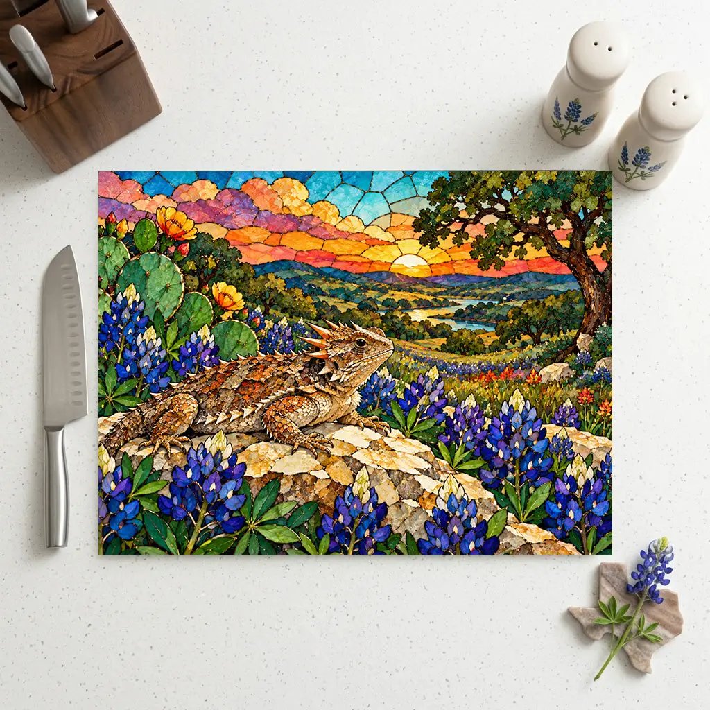 Texas Horned Lizard Glass Cutting Board, Bluebonnet Kitchen Decor, Texas Wildflower Cutting Board, Horny Toad Gift, Texas Housewarming Gift