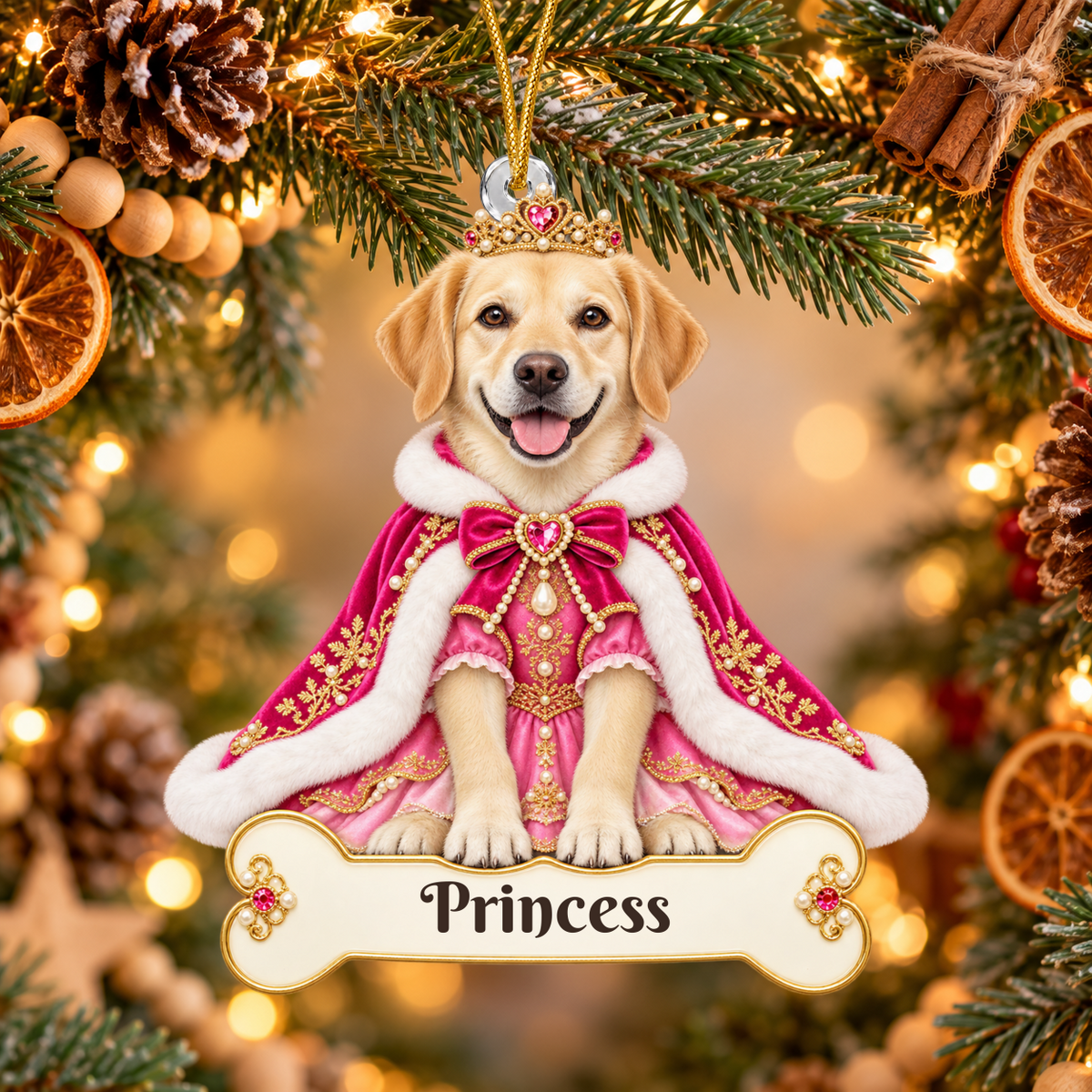 Personalized Princess Dog Ornament from Photo, Custom Pet Portrait Acrylic Cutout, Pink Royal Puppy Christmas Ornament, Dog Mom Gift