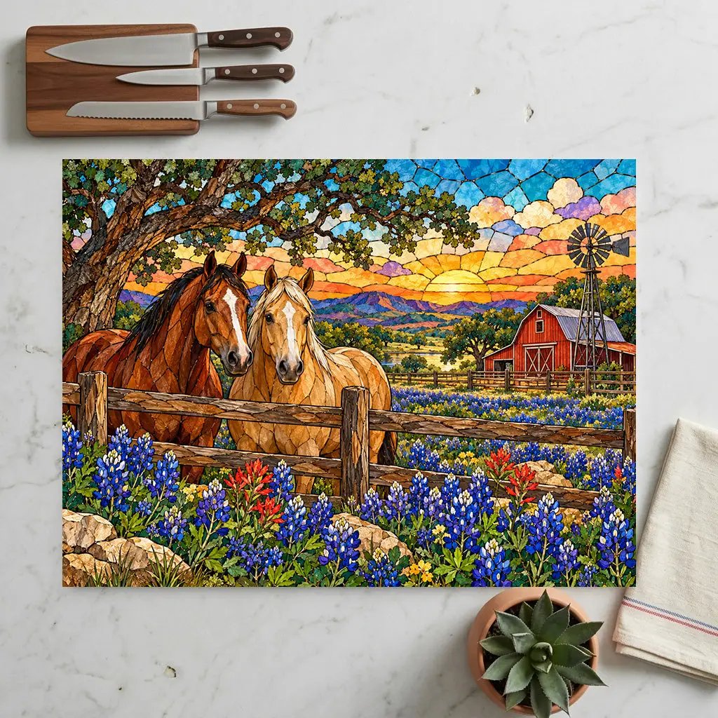 Bluebonnet Ranch Glass Cutting Board, Texas Horse Kitchen Decor, Bluebonnet Gift, Western Ranch Decor, Stained Glass Style Cutting Board