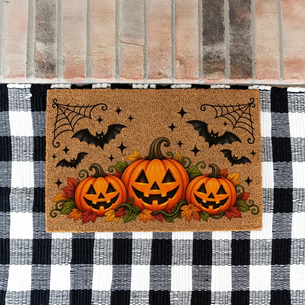 Halloween Pumpkin Doormat, Jack O Lantern Coir Welcome Mat, Fall Front Porch Decor, Spooky Bat Door Mat, Autumn Halloween Entryway