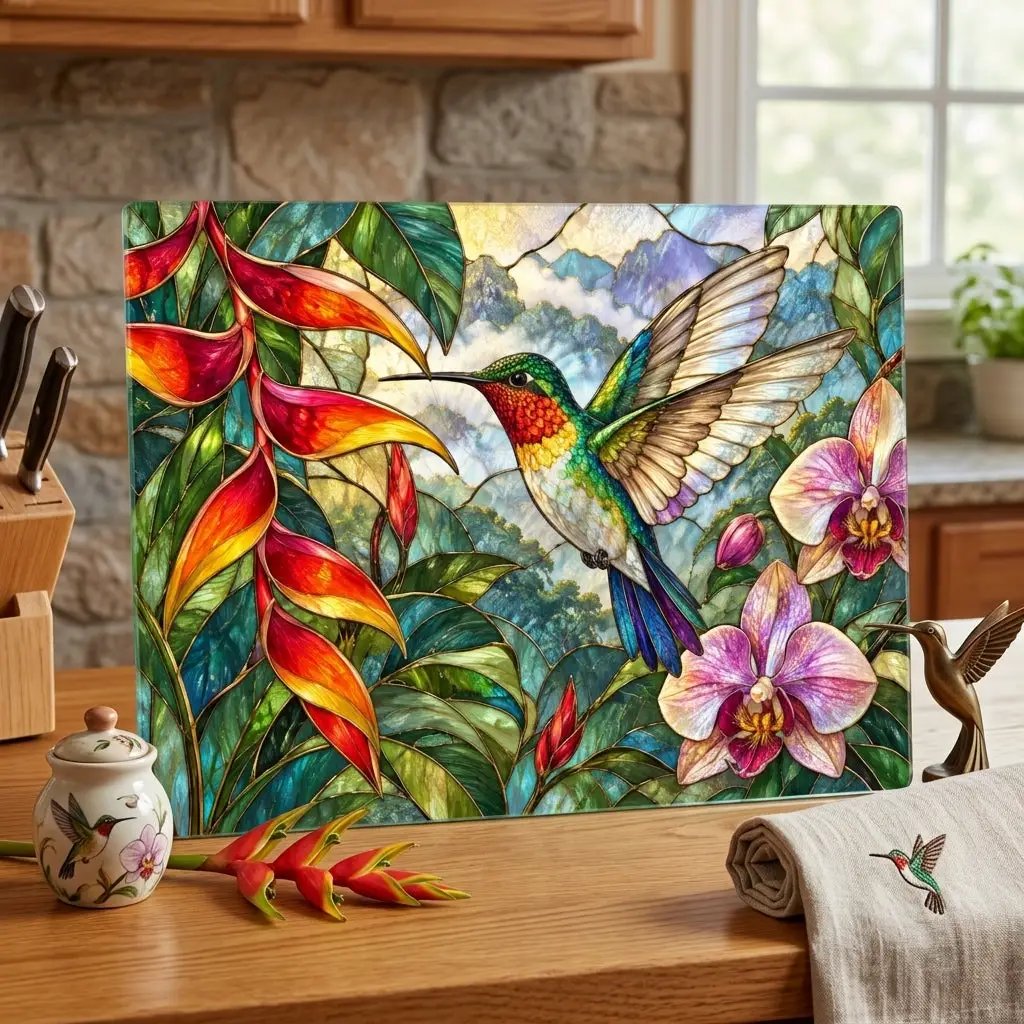 Hummingbird Cutting Board, Stained Glass Bird Decor, Tropical Orchid Kitchen Decor, Floral Hummingbird Gift, Nature Lover Gift