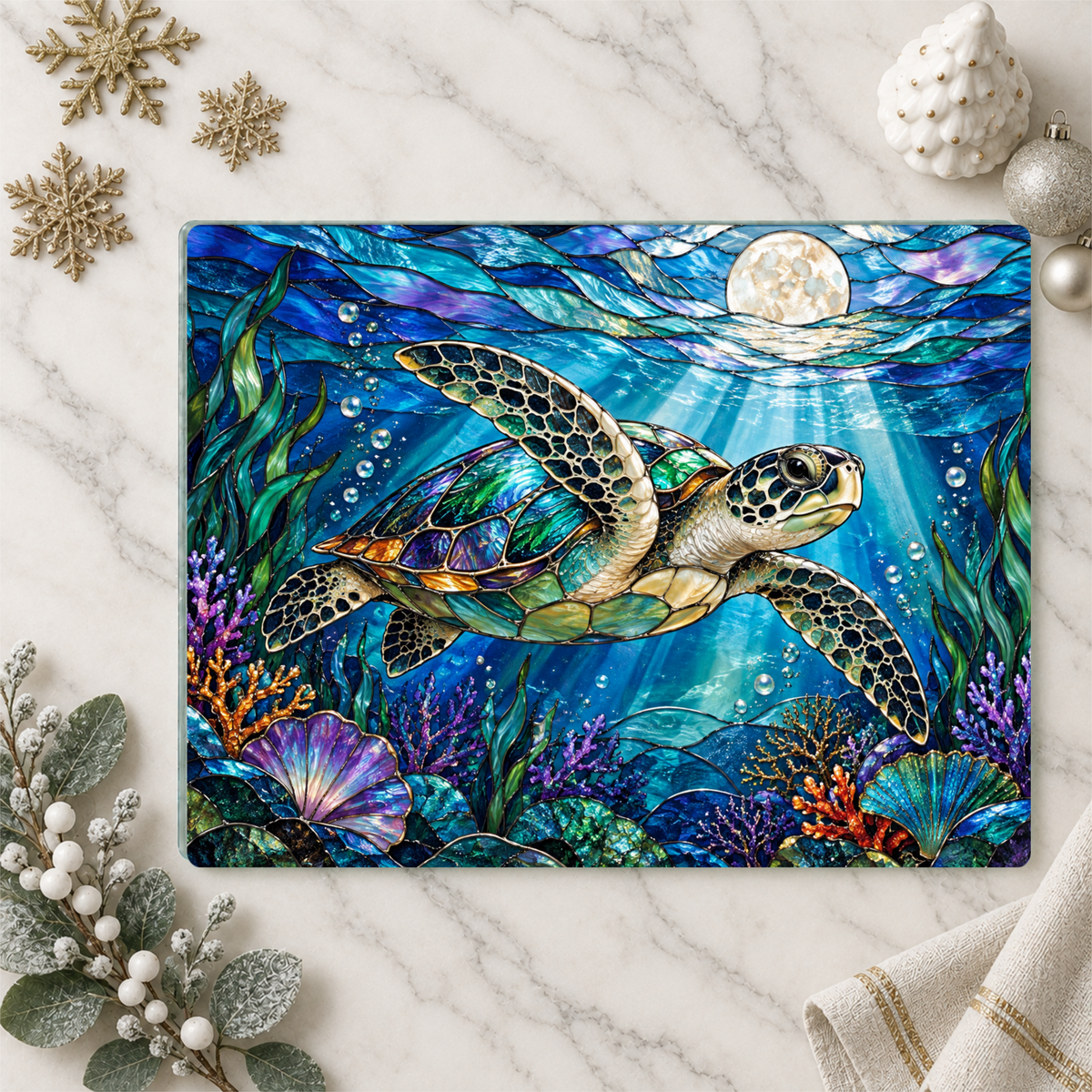 Sea Turtle Cutting Board, Ocean Kitchen Decor, Underwater Sea Life Chopping Board, Moonlit Marine Animal Gift, Coastal Kitchen Accent