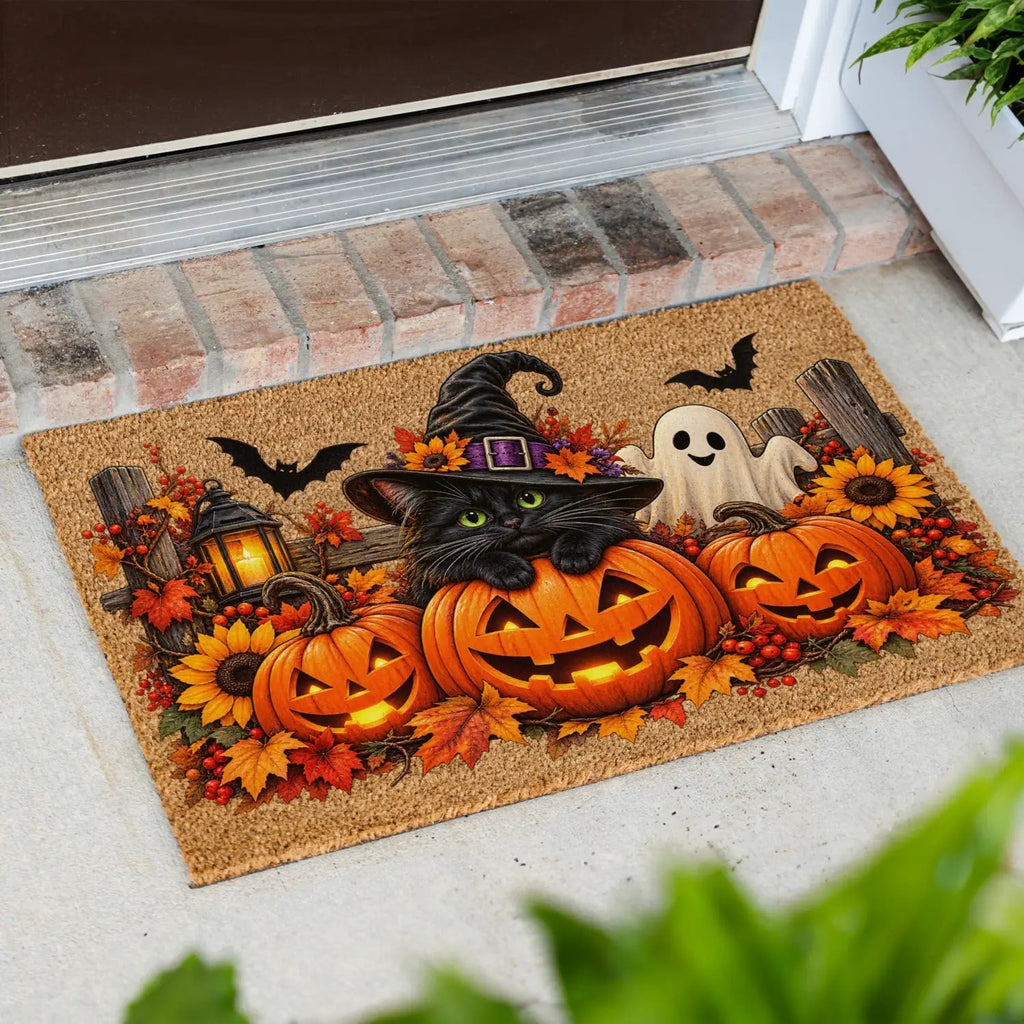 Halloween Cat Doormat, Black Cat Pumpkin Coir Mat, Cute Ghost Welcome Mat, Witch Cat Fall Porch Decor, Spooky Halloween Door Mat