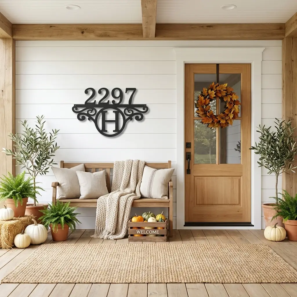 Personalized Address Sign with Initial | Custom Metal House Number Sign | Monogram Outdoor Address Plaque | Modern Farmhouse Steel Wall Decor