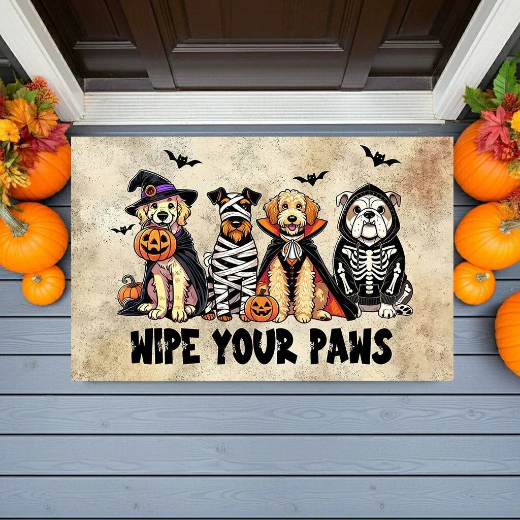 Wipe Your Paws Halloween Doormat – Cute Dogs in Costumes Welcome Mat – Funny Spooky Fall Decor for Dog Lovers