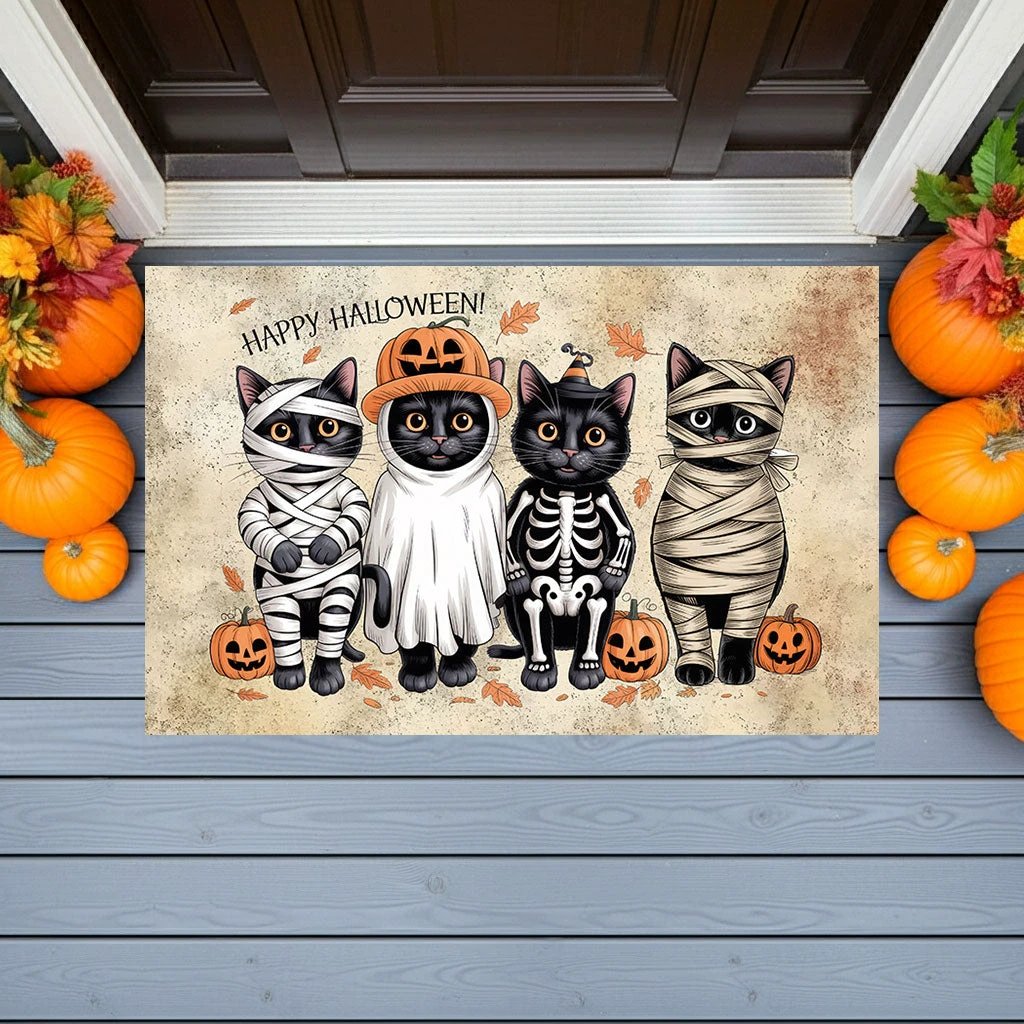 Happy Halloween Cat Doormat – Cute Black Cats in Costumes Welcome Mat – Funny Spooky Fall Décor for Cat Lovers