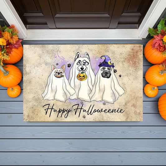 Happy Halloweenie Dog Doormat – Funny Ghost Dogs Welcome Mat – Cute Spooky Fall Décor for Dog Lovers - Mallard Moon