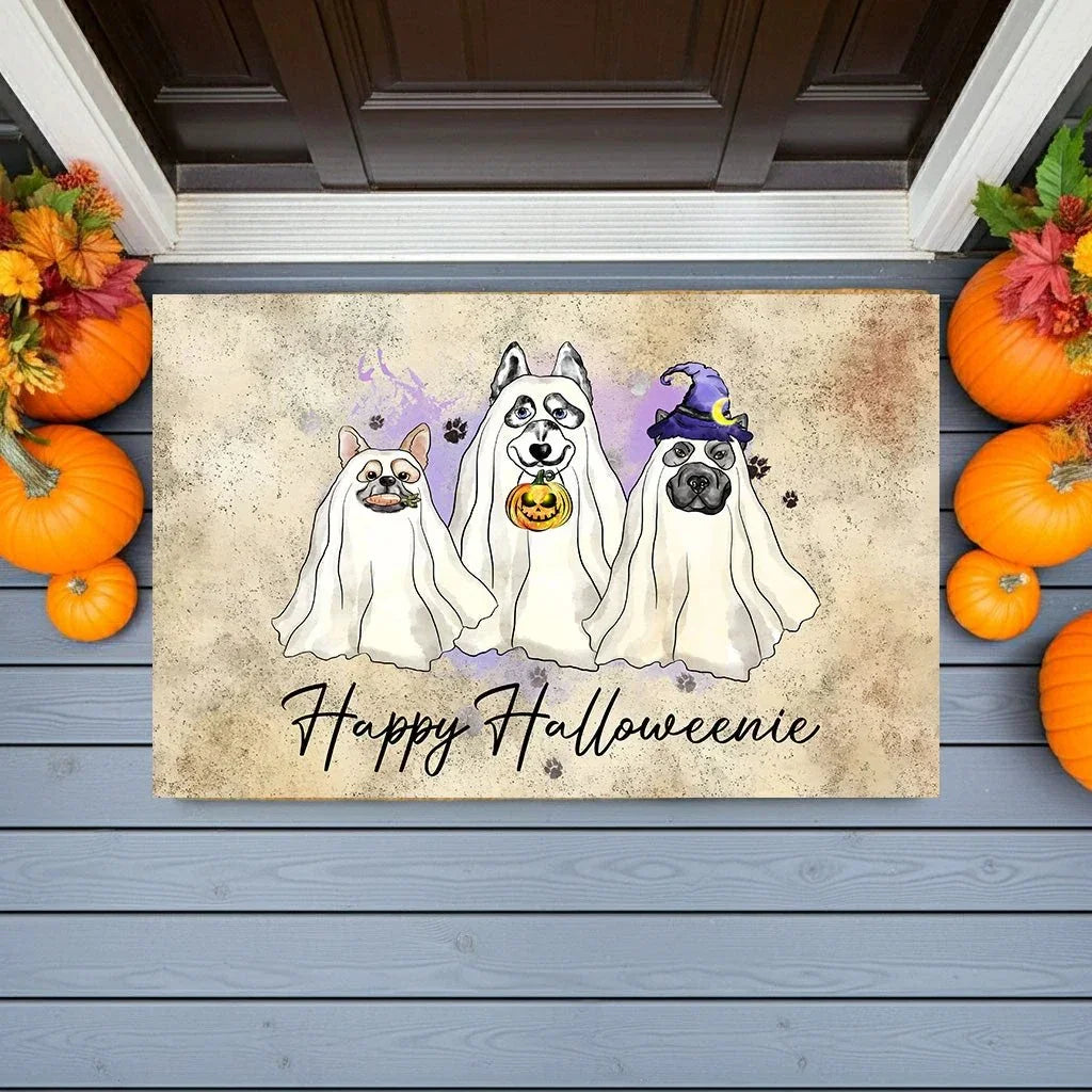 Happy Halloweenie Dog Doormat – Funny Ghost Dogs Welcome Mat – Cute Spooky Fall Décor for Dog Lovers