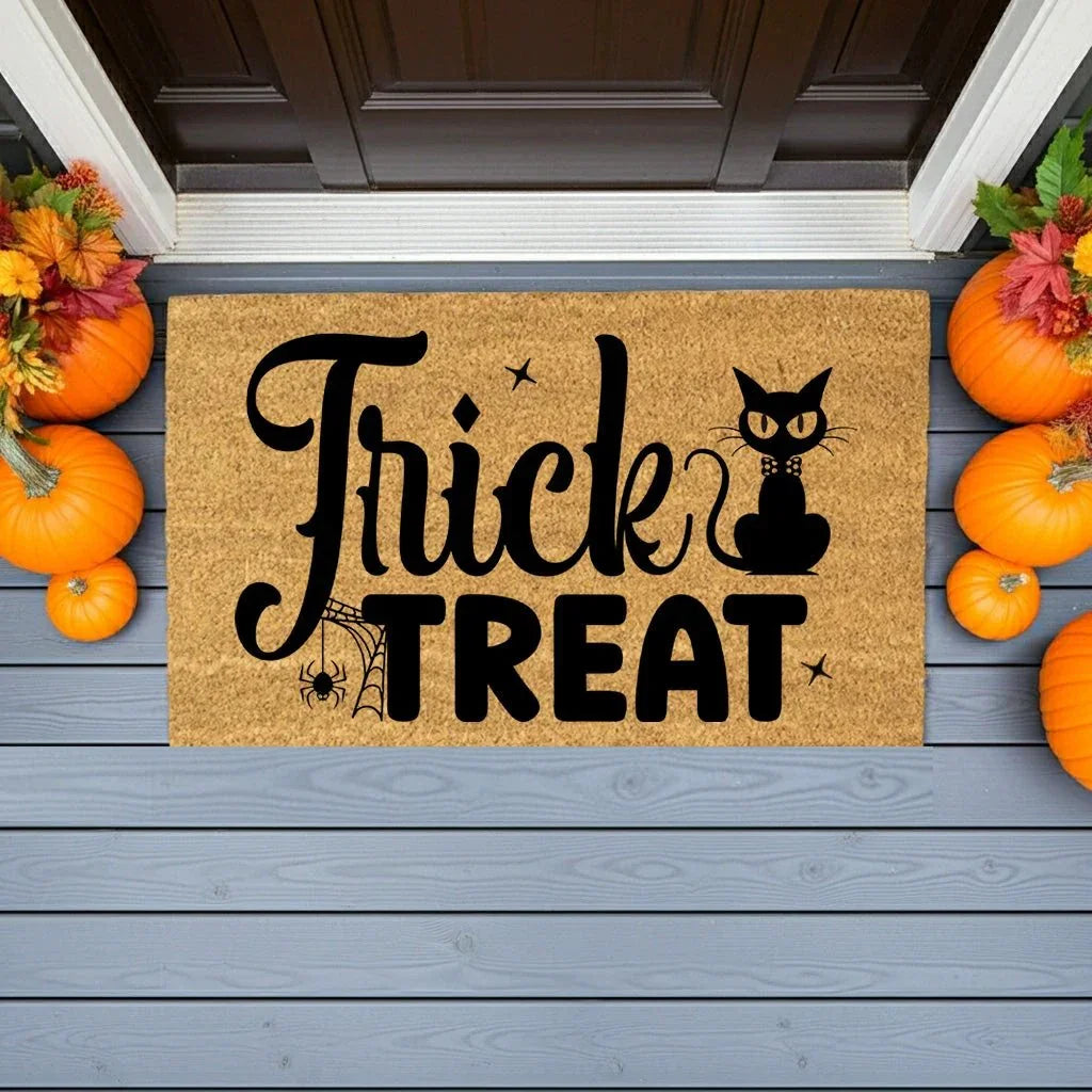 Trick or Treat Coir Doormat – Cute Black Cat Halloween Welcome Mat | Spooky Front Porch Decor | Rustic Fall Entryway Rug