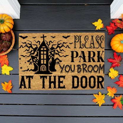 Please Park Your Broom at the Door Coir Doormat – Funny Witch Halloween Welcome Mat | Haunted House Front Porch Decor | Spooky Fall Entry Rug