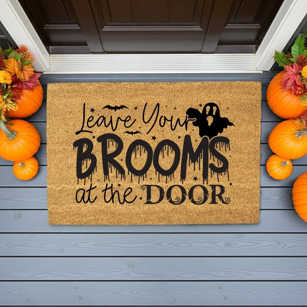 Leave Your Brooms at the Door Coir Doormat – Funny Witch Halloween Welcome Mat | Spooky Fall Front Porch Decor | Rustic Outdoor Entry Rug