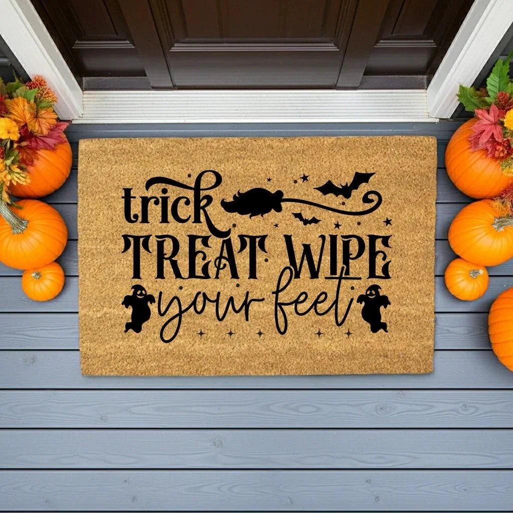 Trick, Treat, Wipe Your Feet Coir Doormat – Funny Halloween Welcome Mat | Spooky Ghost and Bat Porch Decor | Rustic Fall Entryway Rug