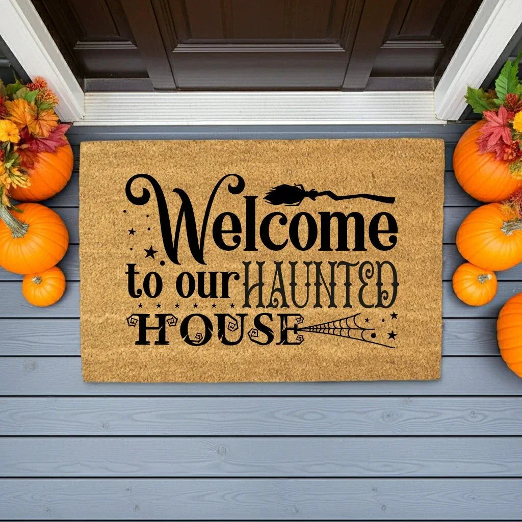 Welcome to Our Haunted House Coir Doormat – Witchy Halloween Welcome Mat | Spooky Fall Front Porch Decor | Rustic Farmhouse Entry Rug