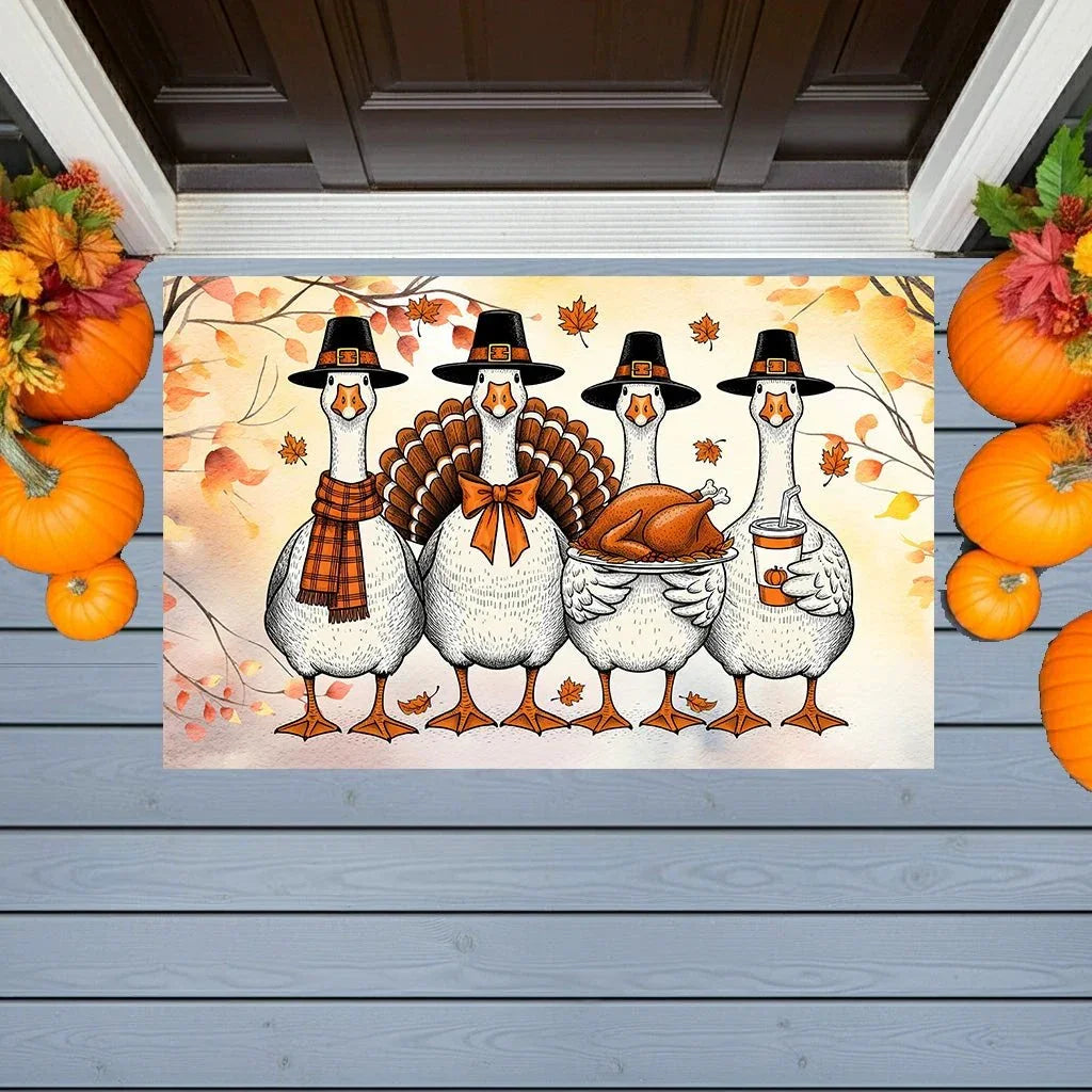 Thanksgiving Goose Family Doormat – Funny Fall Welcome Mat with Pilgrim Geese, Turkey, and Pumpkin Latte – Autumn Front Porch Décor