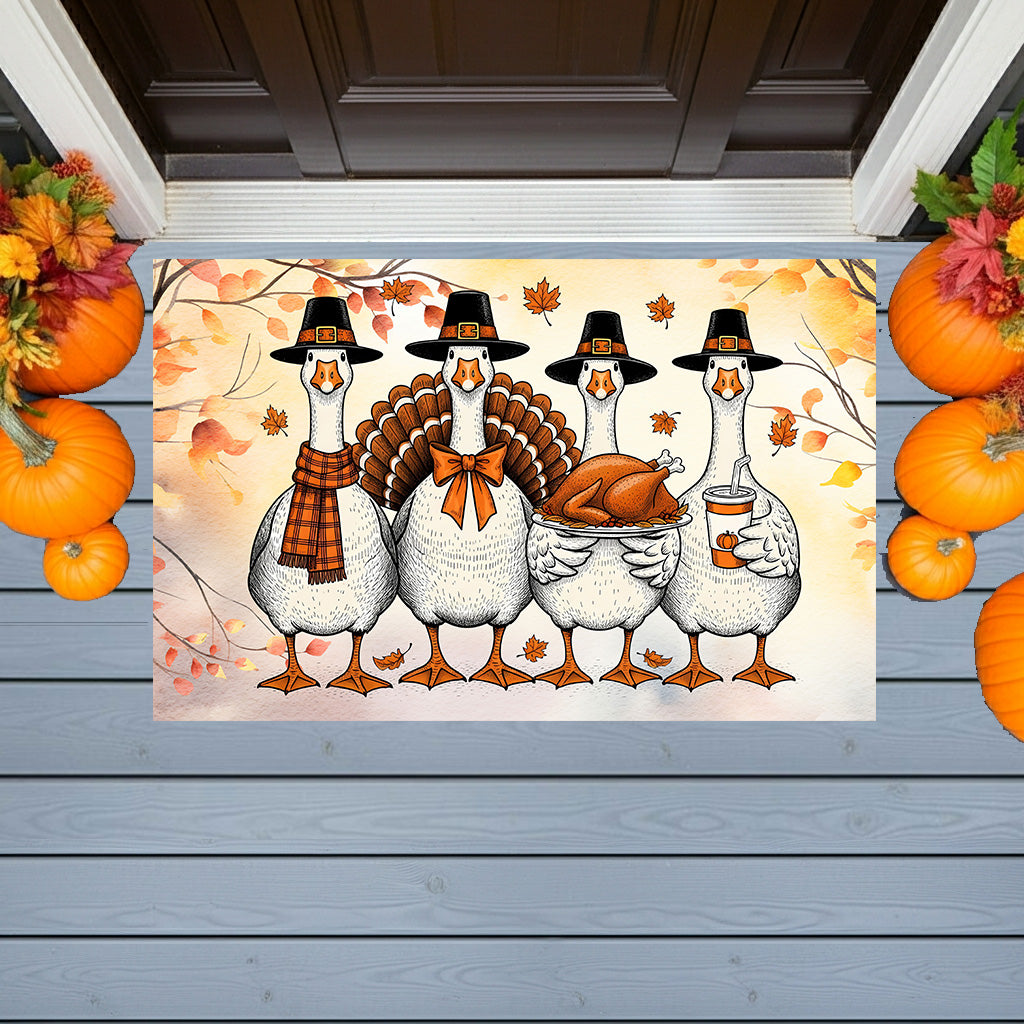 Thanksgiving Goose Family Doormat – Funny Fall Welcome Mat with Pilgrim Geese, Turkey, and Pumpkin Latte – Autumn Front Porch Décor - Mallard Moon