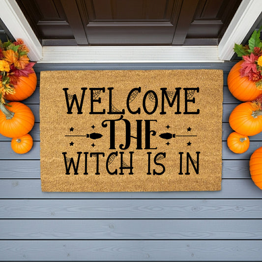 Welcome the Witch Is In - Coir Doormat – Funny Witch Halloween Welcome Mat | Spooky Fall Front Porch Decor | Rustic Farmhouse Entryway Rug - Mallard Moon