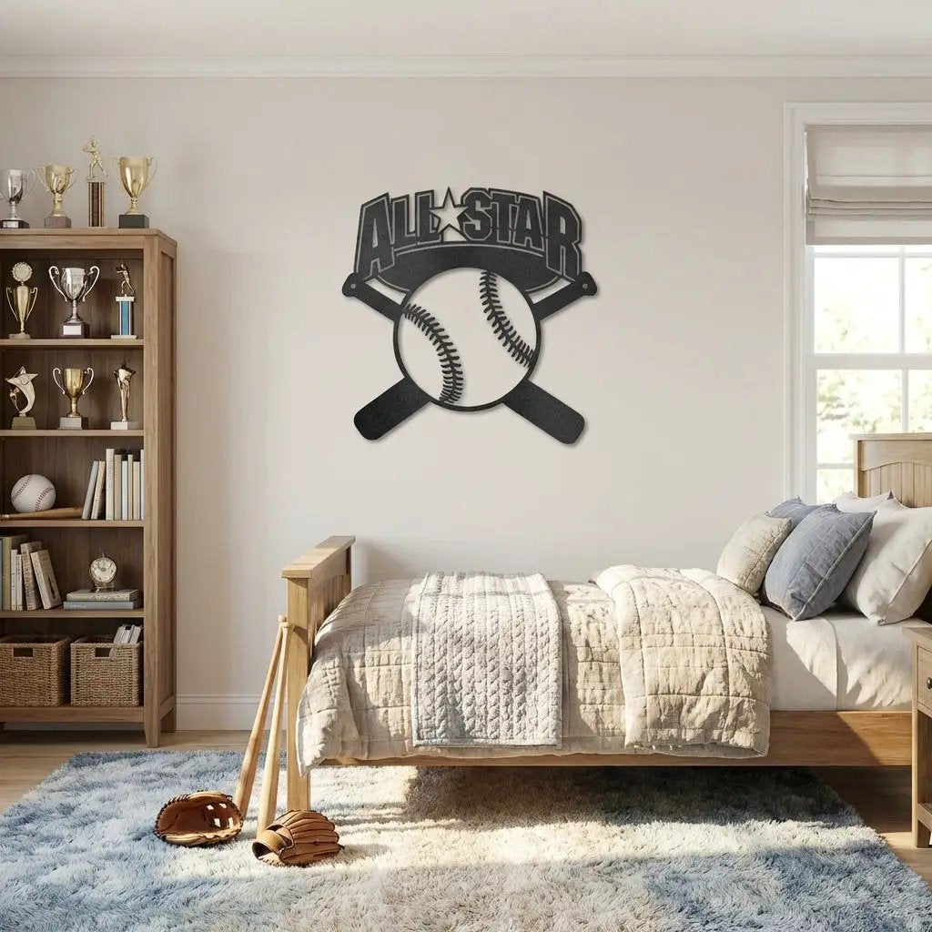 Baseball All Star Metal Wall Art Personalized Sports Sign Custom Name Baseball Decor Crossed Bats Sign Player Gift Room Decor