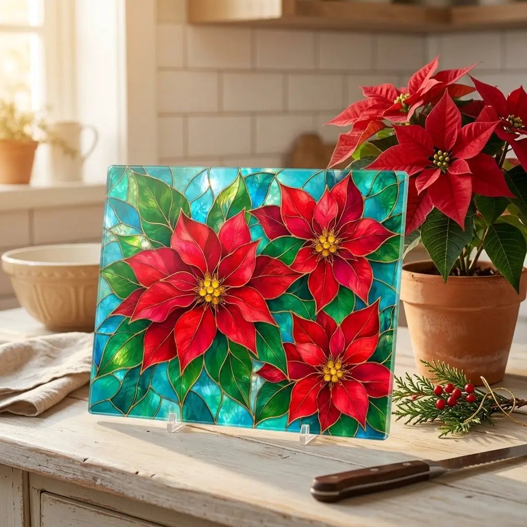 Christmas Poinsettia Glass Cutting Board, Red Floral Kitchen Decor, Tempered Chopping Board, Holiday Cooking Gift for Flower Lovers