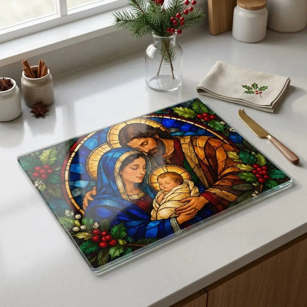 Holy Family Glass Cutting Board, Christian Christmas Gift, Nativity Kitchen Decor, Mary Joseph Baby Jesus, Religious Christmas Decor