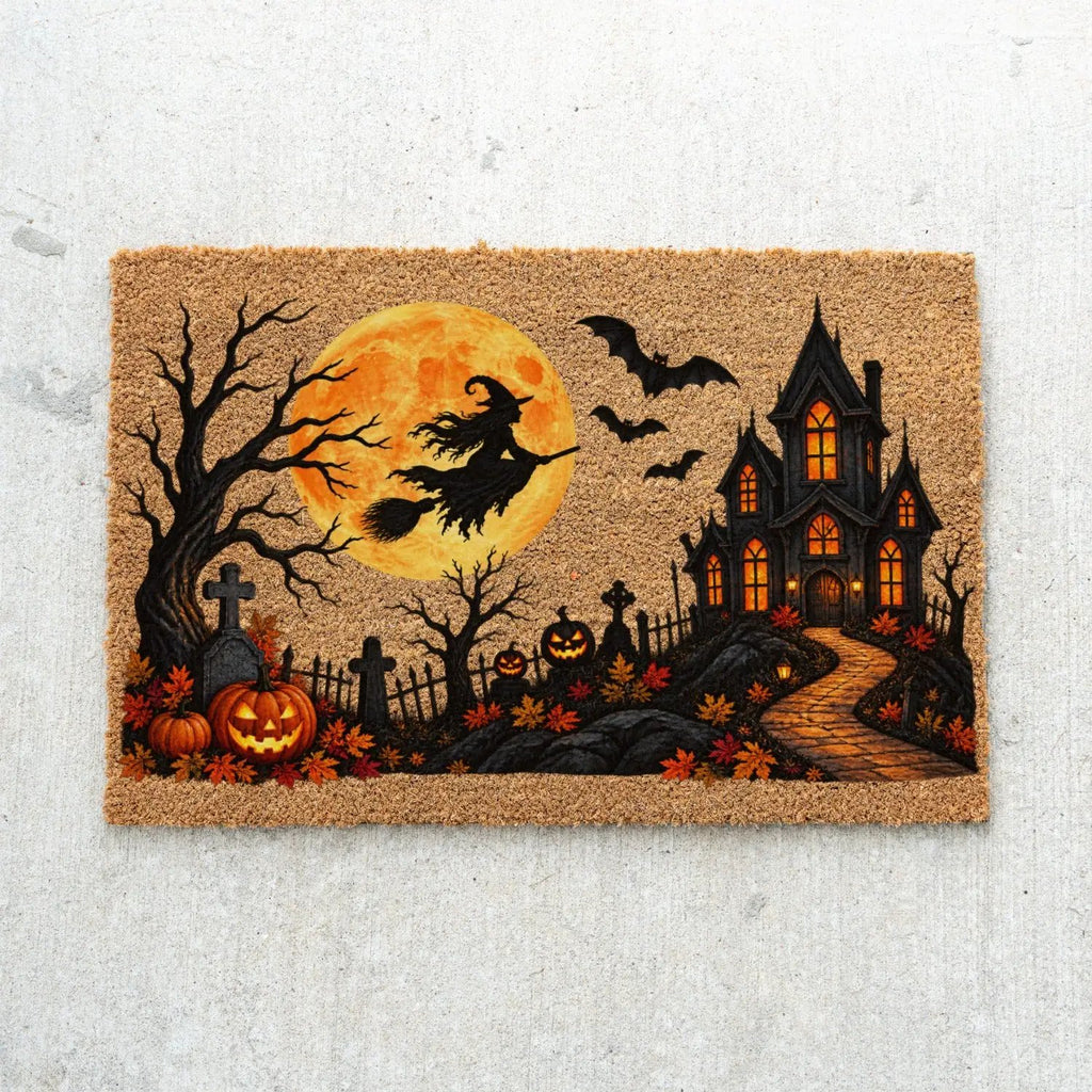Halloween Witch Doormat, Haunted House Coir Welcome Mat, Spooky Graveyard Porch Decor, Full Moon Halloween Door Mat, Fall Entryway Decor