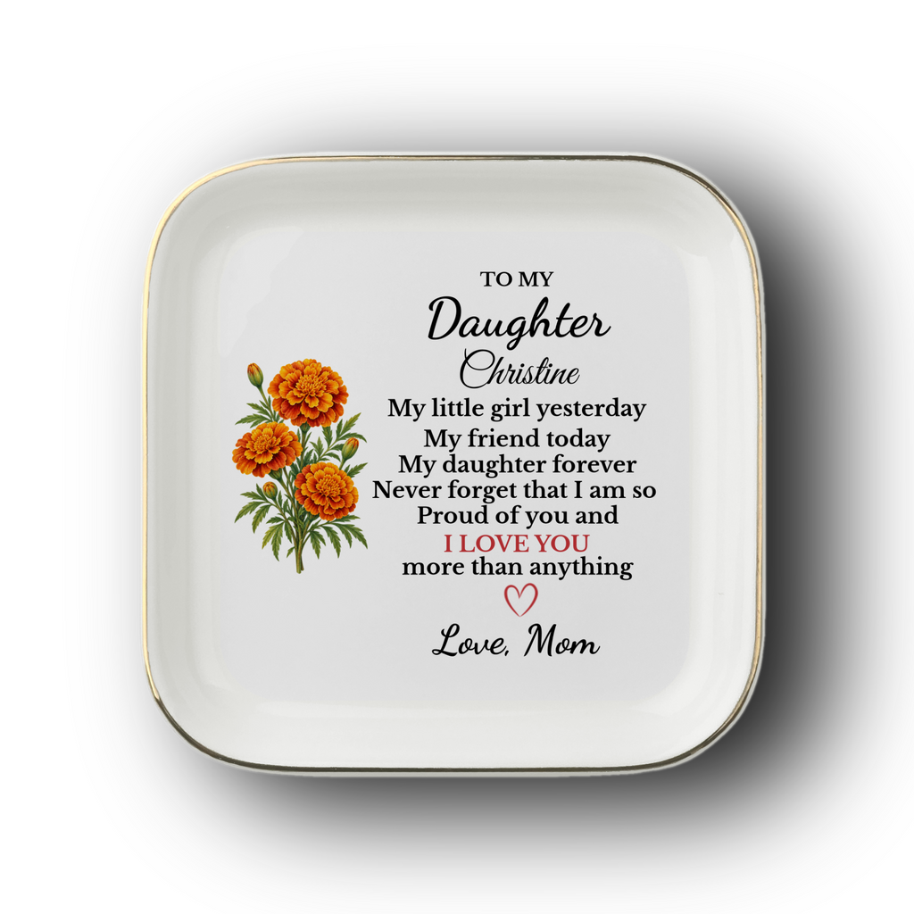 Personalized Daughter Birth Flower Jewelry Dish, Custom Name Trinket Tray, Sentimental Gift from Mom, Birthday Gift for Adult Daughter