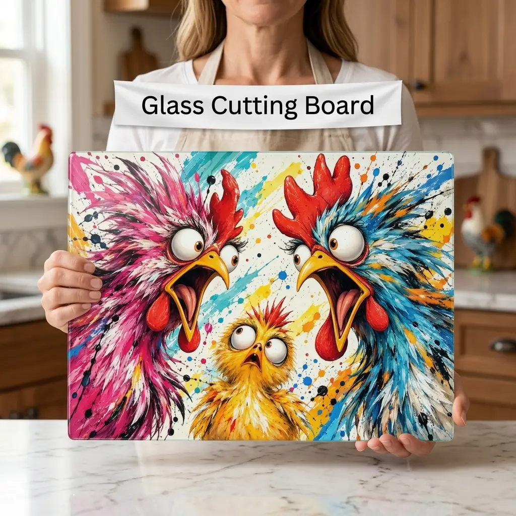 Funny Chicken Family Cutting Board, Screaming Chickens Kitchen Decor, Colorful Chicken Lover Gift, Farmhouse Decor