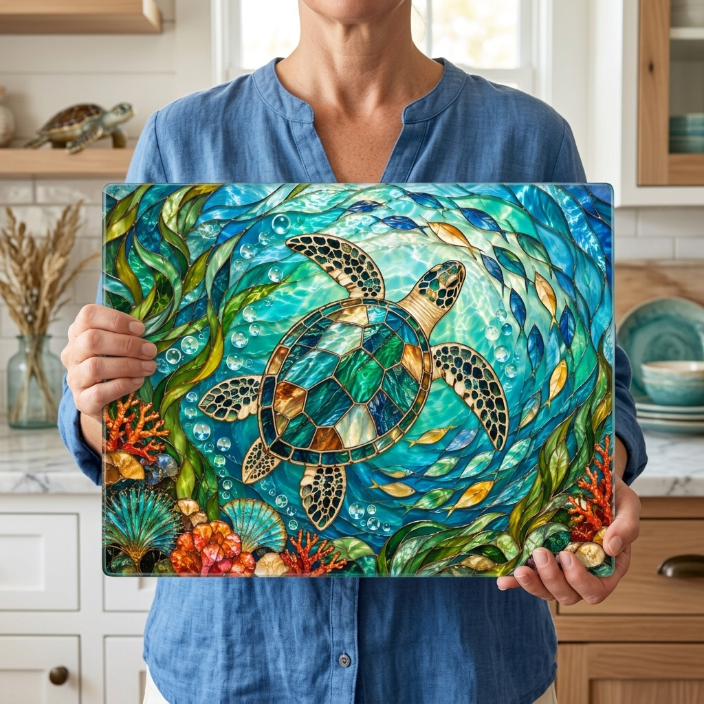 Sea Turtle Glass Cutting Board, Ocean Kitchen Decor, Coastal Serving Board, Underwater Sea Life Chopping Board, Beach House Gift Idea