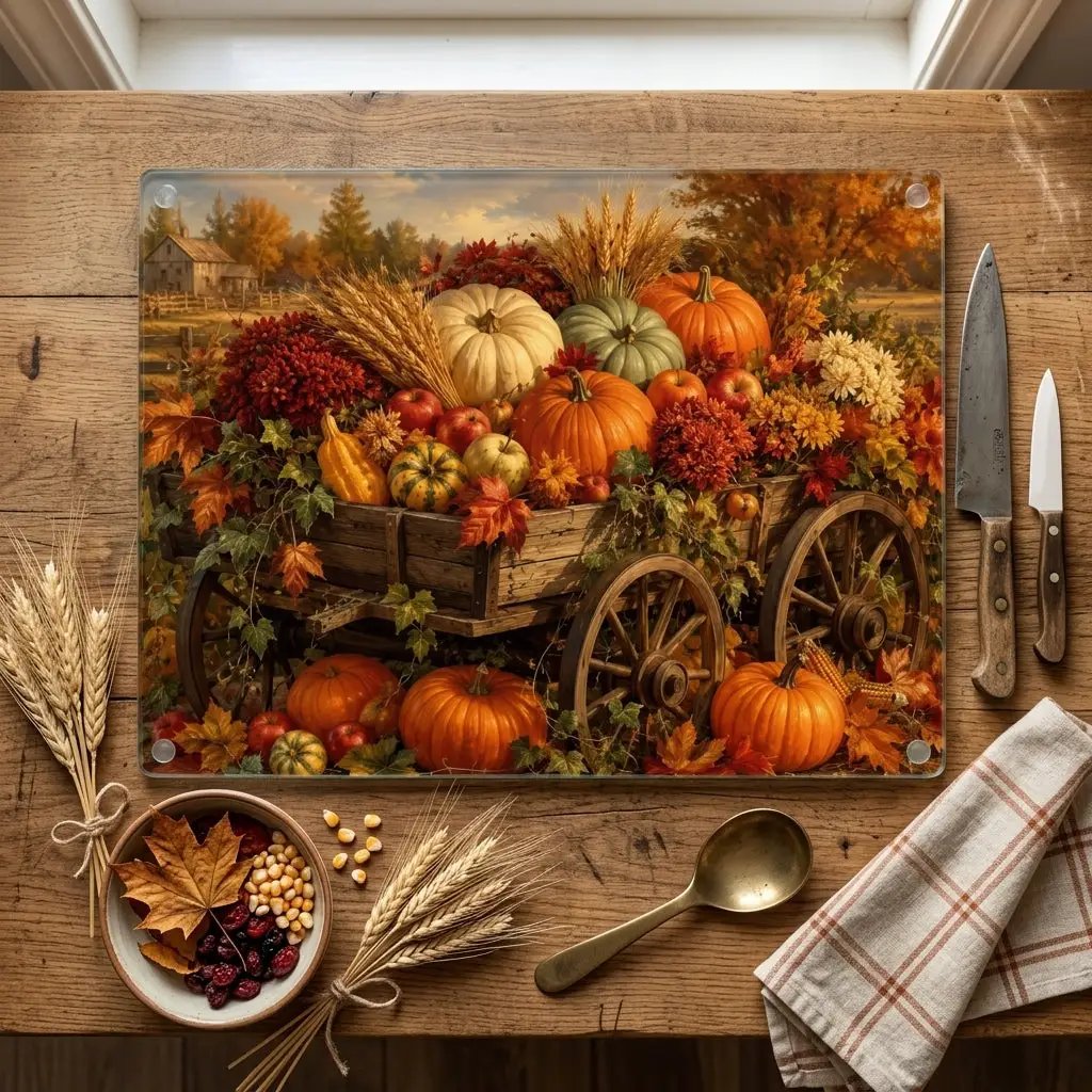 Fall Harvest Wagon Glass Cutting Board, Rustic Farmhouse Kitchen Decor, Pumpkin Cutting Board, Thanksgiving Gift