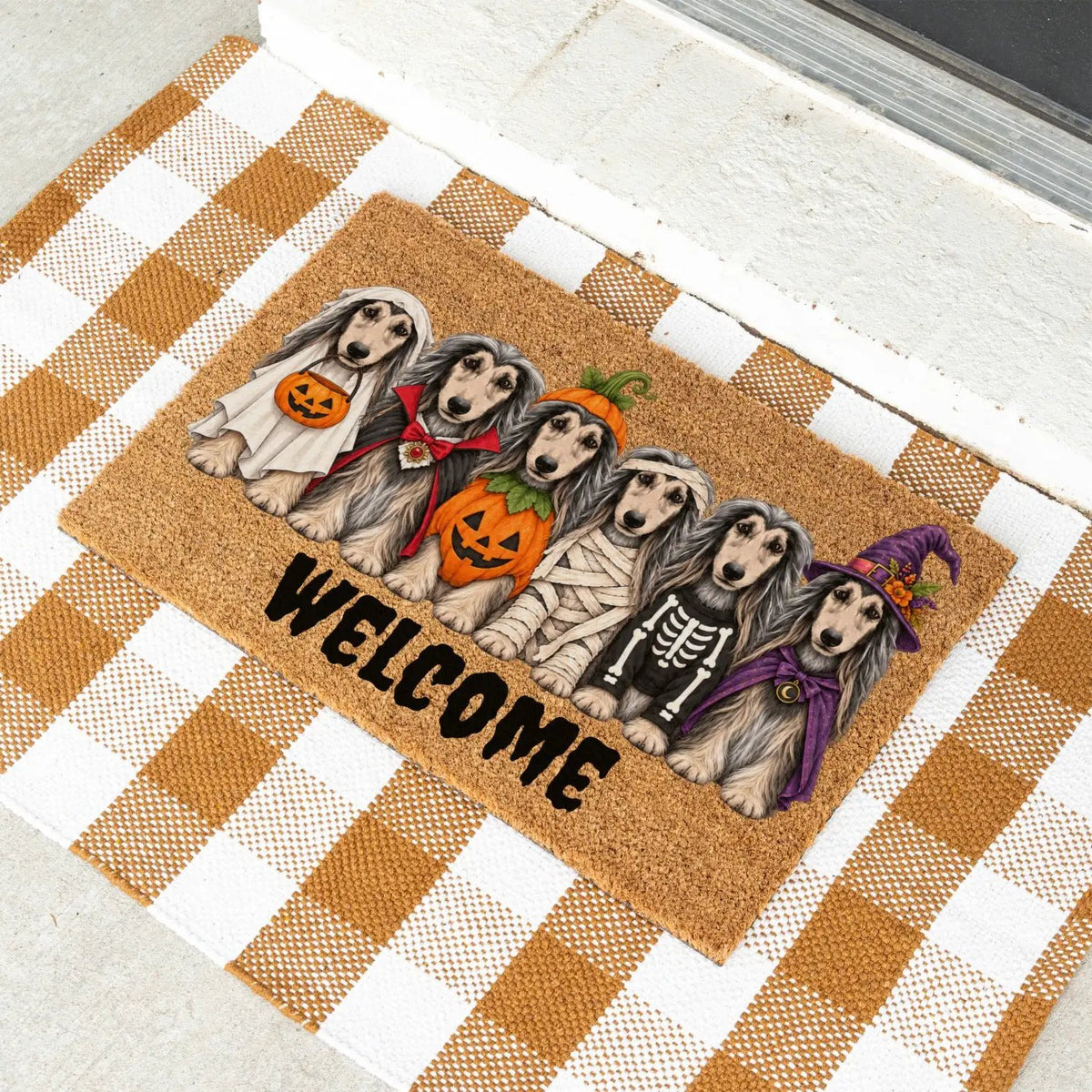 Dog Breed Personalized Halloween Costume Doormat, Custom Dog Welcome Mat, Halloween Coir Doormat, Family Name Dog Lover Gift