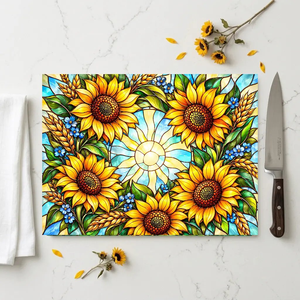 Sunflower Glass Cutting Board, Stained Glass Sunflower Wreath, Floral Kitchen Decor, Yellow Flower Gift, Cheerful Kitchen Art