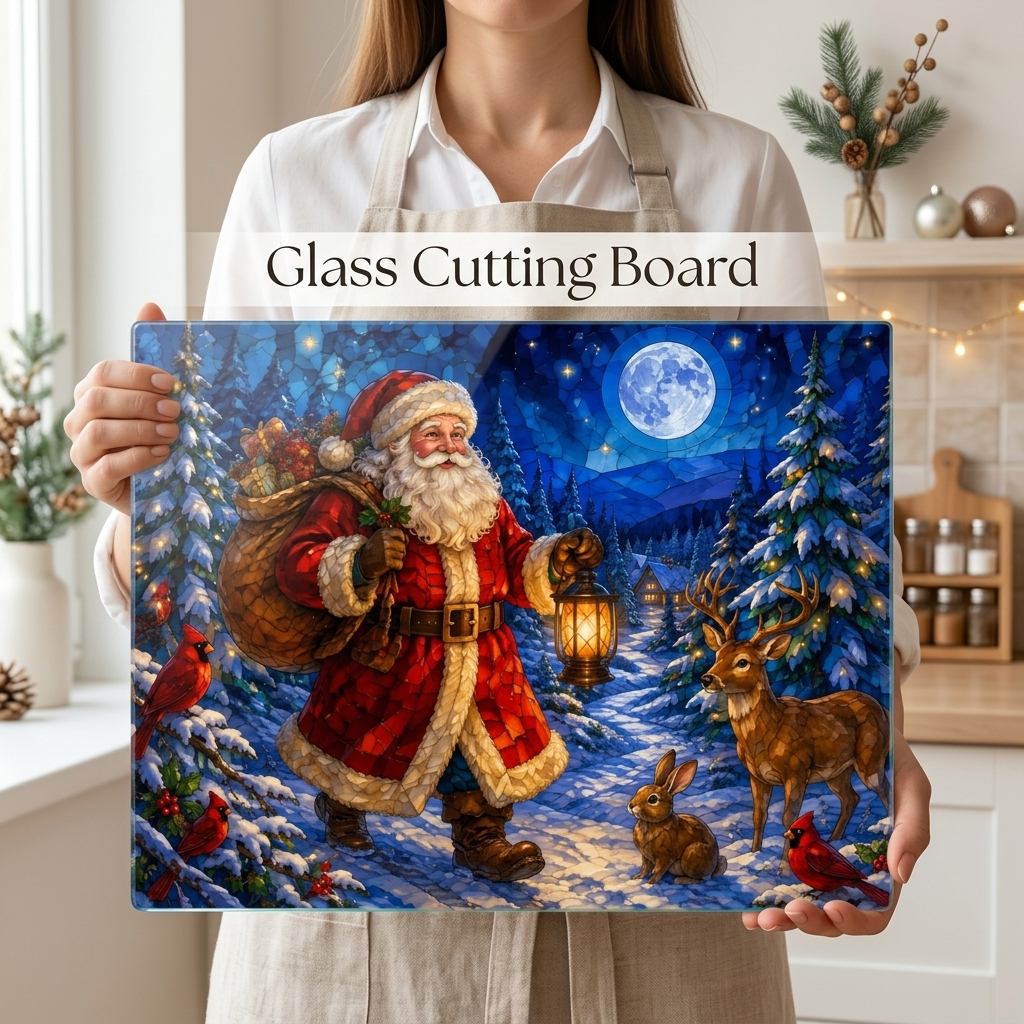 Santa Christmas Glass Cutting Board, Woodland Santa Kitchen Decor, Stained Glass Christmas Art, Cardinal Deer Holiday Gift