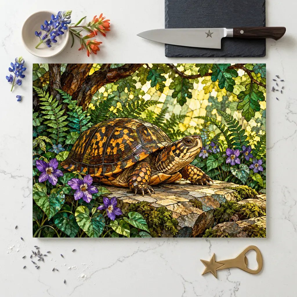 Box Turtle Cutting Board, Woodland Nature Kitchen Decor, Tempered Glass Chopping Board, Turtle Lover Gift, Forest Animal Kitchen Art
